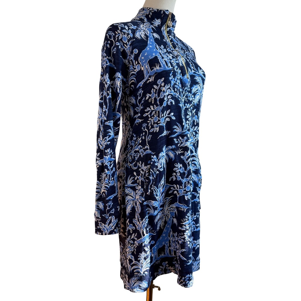 Lilly Pulitzer Ashlee Dress Womens Small Blue Giraffe‎ Print 1/4 Zip Long Sleeve